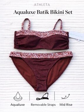 Athleta Aqualuxe Batik Bikini Set L Bandeau Top Mid Rise Bottom NWT